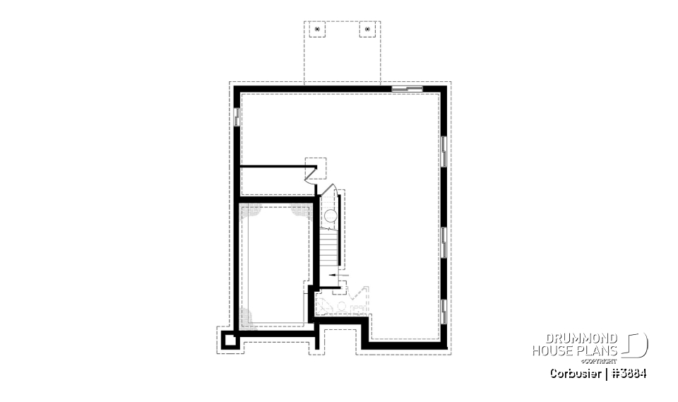 Basement - Modern house plan with 2 master suites, 4 bedrooms, home office, large kitchen open floor plan concept - Corbusier