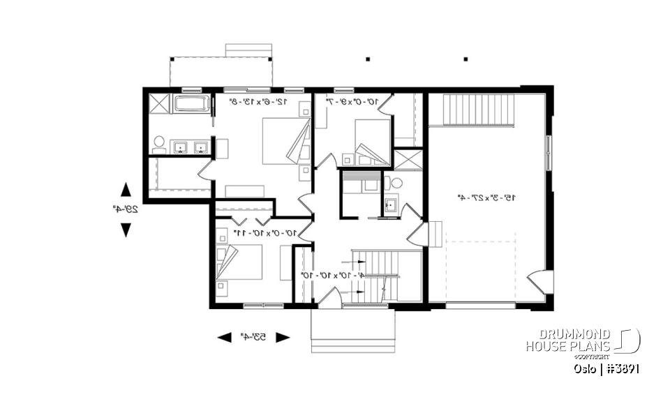 1st level - Reverse living Scandinavian style house plan, large deck, home office, open floor plan concept - Oslo