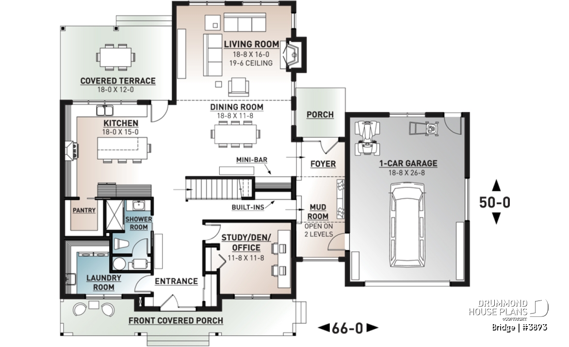 1st level - 4 bedroom modern farmhouse plan, 3 baths, garage, spectacular living room with fireplace and 20' ceiling - Bridge