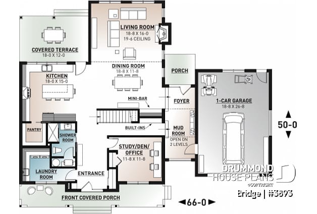1st level - 4 bedroom modern farmhouse plan, 3 baths, garage, spectacular living room with fireplace and 20' ceiling - Bridge
