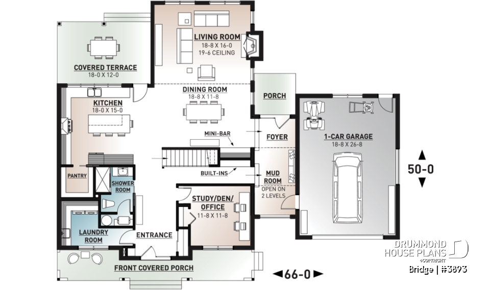 1st level - 4 bedroom modern farmhouse plan, 3 baths, garage, spectacular living room with fireplace and 20' ceiling - Bridge