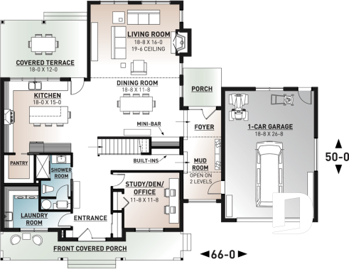 1st level - 4 bedroom modern farmhouse plan, 3 baths, garage, spectacular living room with fireplace and 20' ceiling - Bridge