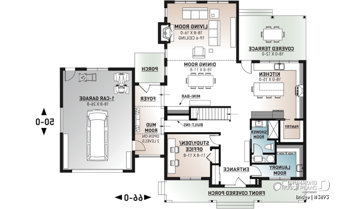1st level - 4 bedroom modern farmhouse plan, 3 baths, garage, spectacular living room with fireplace and 20' ceiling - Bridge