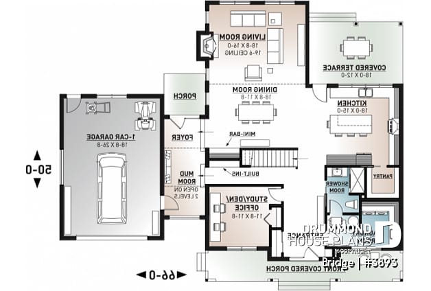 1st level - 4 bedroom modern farmhouse plan, 3 baths, garage, spectacular living room with fireplace and 20' ceiling - Bridge