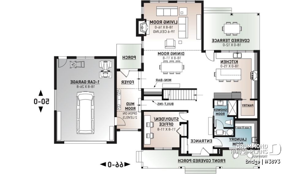 1st level - 4 bedroom modern farmhouse plan, 3 baths, garage, spectacular living room with fireplace and 20' ceiling - Bridge