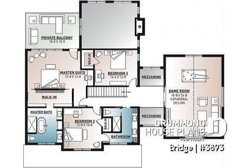 2nd level - 4 bedroom modern farmhouse plan, 3 baths, garage, spectacular living room with fireplace and 20' ceiling - Bridge