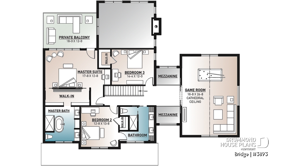 2nd level - 4 bedroom modern farmhouse plan, 3 baths, garage, spectacular living room with fireplace and 20' ceiling - Bridge