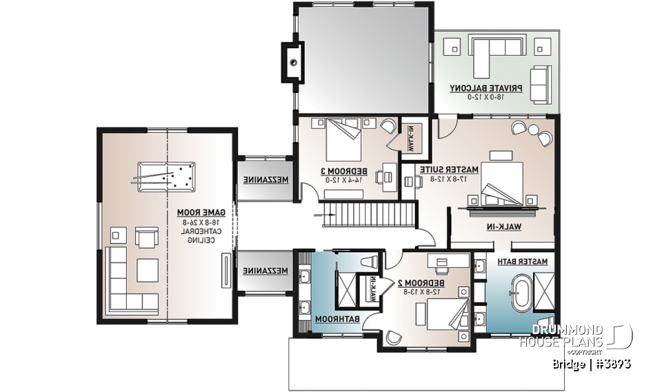 2nd level - 4 bedroom modern farmhouse plan, 3 baths, garage, spectacular living room with fireplace and 20' ceiling - Bridge