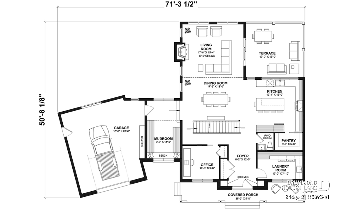 1st level - 3 to 5 bedroom Modern Farmhouse house plan, home office, garage, 2.5 baths, 2 large terraces - Bridge 2