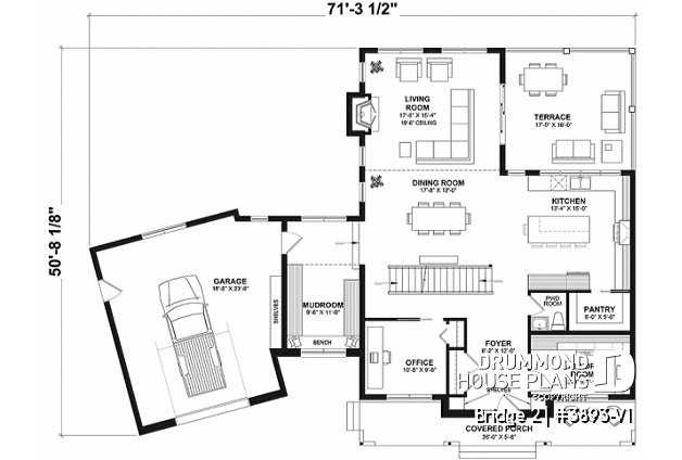 1st level - 3 to 5 bedroom Modern Farmhouse house plan, home office, garage, 2.5 baths, 2 large terraces - Bridge 2