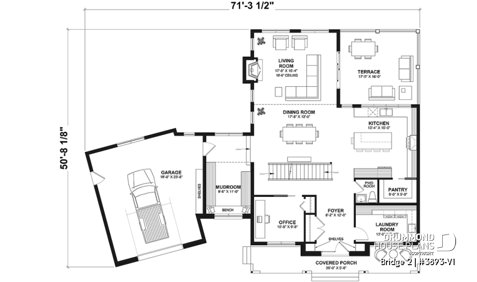 1st level - 3 to 5 bedroom Modern Farmhouse house plan, home office, garage, 2.5 baths, 2 large terraces - Bridge 2