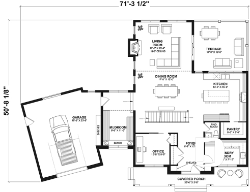1st level - 3 to 5 bedroom Modern Farmhouse house plan, home office, garage, 2.5 baths, 2 large terraces - Bridge 2