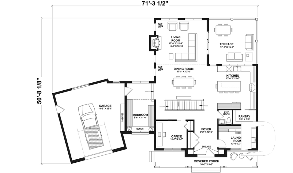 1st level - 3 to 5 bedroom Modern Farmhouse house plan, home office, garage, 2.5 baths, 2 large terraces - Bridge 2