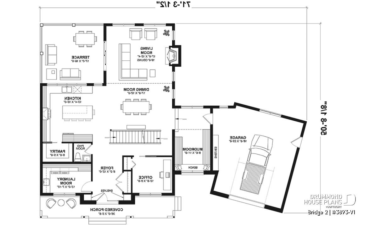 1st level - 3 to 5 bedroom Modern Farmhouse house plan, home office, garage, 2.5 baths, 2 large terraces - Bridge 2