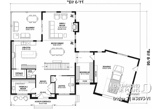 1st level - 3 to 5 bedroom Modern Farmhouse house plan, home office, garage, 2.5 baths, 2 large terraces - Bridge 2