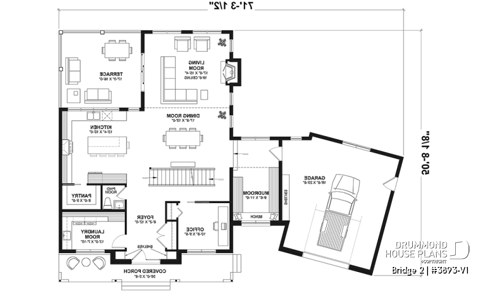 1st level - 3 to 5 bedroom Modern Farmhouse house plan, home office, garage, 2.5 baths, 2 large terraces - Bridge 2