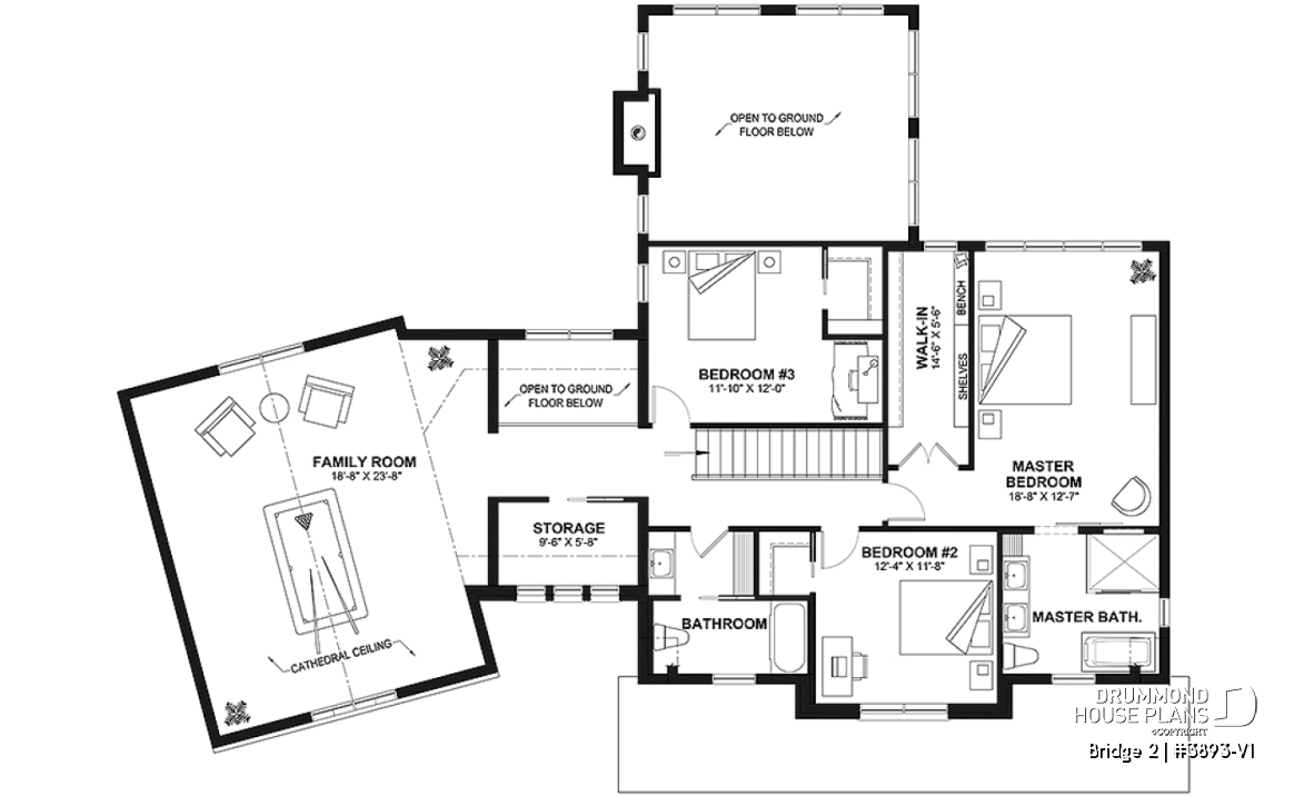 2nd level - 3 to 5 bedroom Modern Farmhouse house plan, home office, garage, 2.5 baths, 2 large terraces - Bridge 2