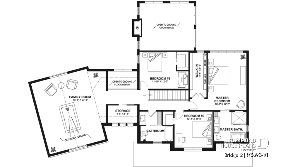 2nd level - 3 to 5 bedroom Modern Farmhouse house plan, home office, garage, 2.5 baths, 2 large terraces - Bridge 2