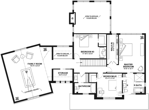 2nd level - 3 to 5 bedroom Modern Farmhouse house plan, home office, garage, 2.5 baths, 2 large terraces - Bridge 2