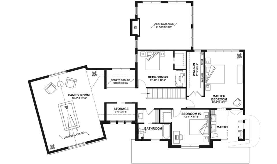 2nd level - 3 to 5 bedroom Modern Farmhouse house plan, home office, garage, 2.5 baths, 2 large terraces - Bridge 2