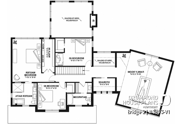 2nd level - 3 to 5 bedroom Modern Farmhouse house plan, home office, garage, 2.5 baths, 2 large terraces - Bridge 2