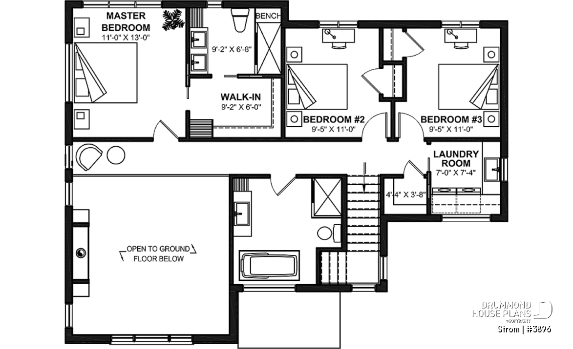 2nd level - Contemporary home plan with 3 2nd floor bedrooms, master suite, 2.5 baths, garage, pantry, mudroom - Strom