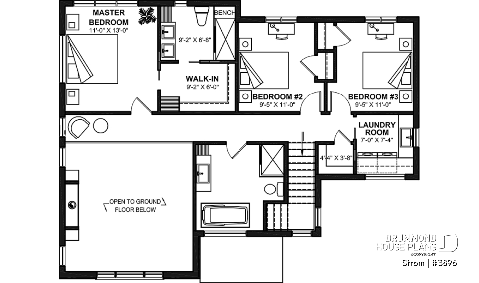 2nd level - Contemporary home plan with 3 2nd floor bedrooms, master suite, 2.5 baths, garage, pantry, mudroom - Strom