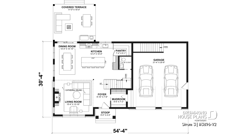 1st level - Modern farmhouse two-story house plan with 3 to 4 bedrooms, optional finished basement and double garage - Strom 3