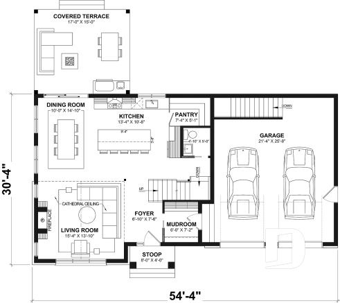 1st level - Modern farmhouse two-story house plan with 3 to 4 bedrooms, optional finished basement and double garage - Strom 3