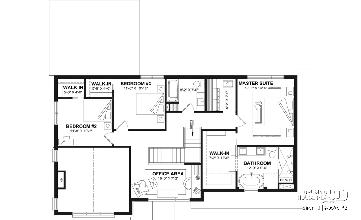 2nd level - Modern farmhouse two-story house plan with 3 to 4 bedrooms, optional finished basement and double garage - Strom 3