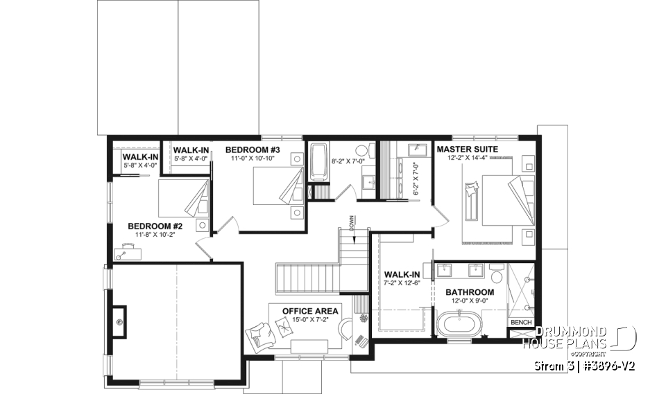 2nd level - Modern farmhouse two-story house plan with 3 to 4 bedrooms, optional finished basement and double garage - Strom 3