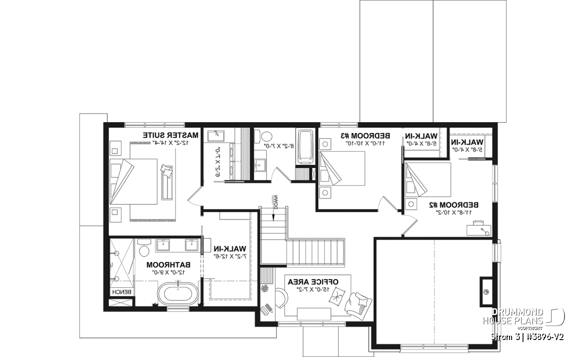 2nd level - Modern farmhouse two-story house plan with 3 to 4 bedrooms, optional finished basement and double garage - Strom 3