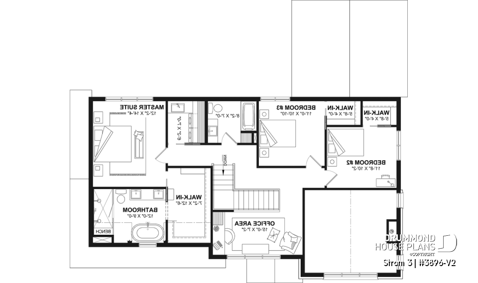 2nd level - Modern farmhouse two-story house plan with 3 to 4 bedrooms, optional finished basement and double garage - Strom 3
