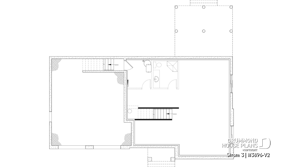 Unfinished basement - Modern farmhouse two-story house plan with 3 to 4 bedrooms, optional finished basement and double garage - Strom 3