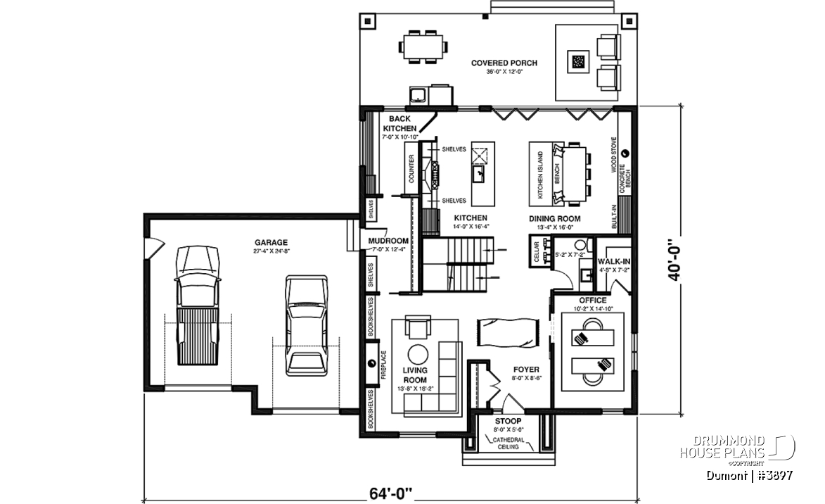 1st level - 3 to 6 bedrooms Modern Scandinavian house plan, large master suite with private balcony, pantry, den - Dumont