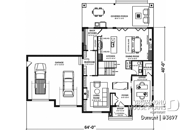 1st level - 3 to 6 bedrooms Modern Scandinavian house plan, large master suite with private balcony, pantry, den - Dumont