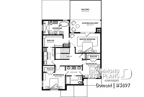 2nd level - 3 to 6 bedrooms Modern Scandinavian house plan, large master suite with private balcony, pantry, den - Dumont
