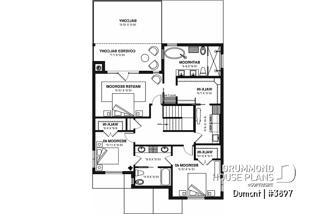 2nd level - 3 to 6 bedrooms Modern Scandinavian house plan, large master suite with private balcony, pantry, den - Dumont