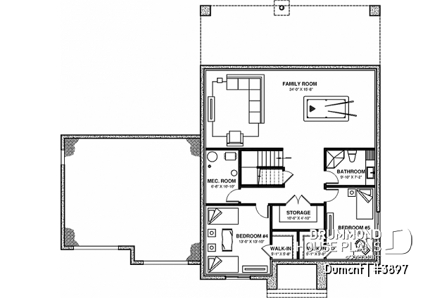 Basement - 3 to 6 bedrooms Modern Scandinavian house plan, large master suite with private balcony, pantry, den - Dumont
