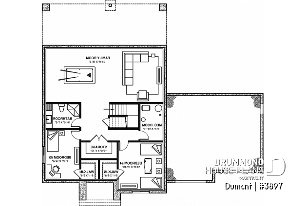 Basement - 3 to 6 bedrooms Modern Scandinavian house plan, large master suite with private balcony, pantry, den - Dumont