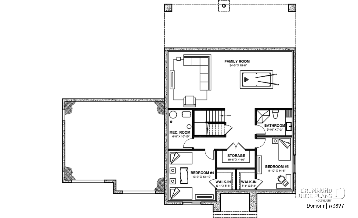 Finished basement - 3 to 6 bedrooms Modern Scandinavian house plan, large master suite with private balcony, pantry, den - Dumont