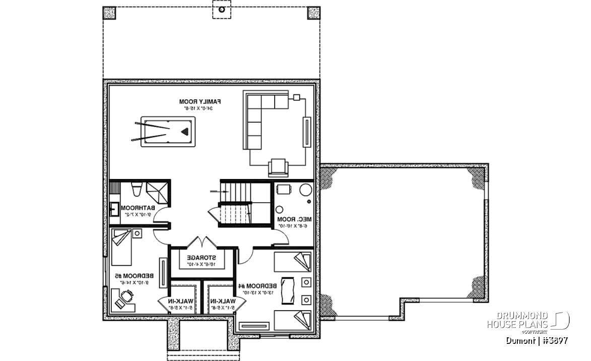 Finished basement - 3 to 6 bedrooms Modern Scandinavian house plan, large master suite with private balcony, pantry, den - Dumont