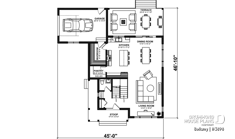 1st level - Home for corner lot, 3 beds, 2.5 baths, open floor plan, kitchen with pantry, large sheltered rear terrace - Bellamy