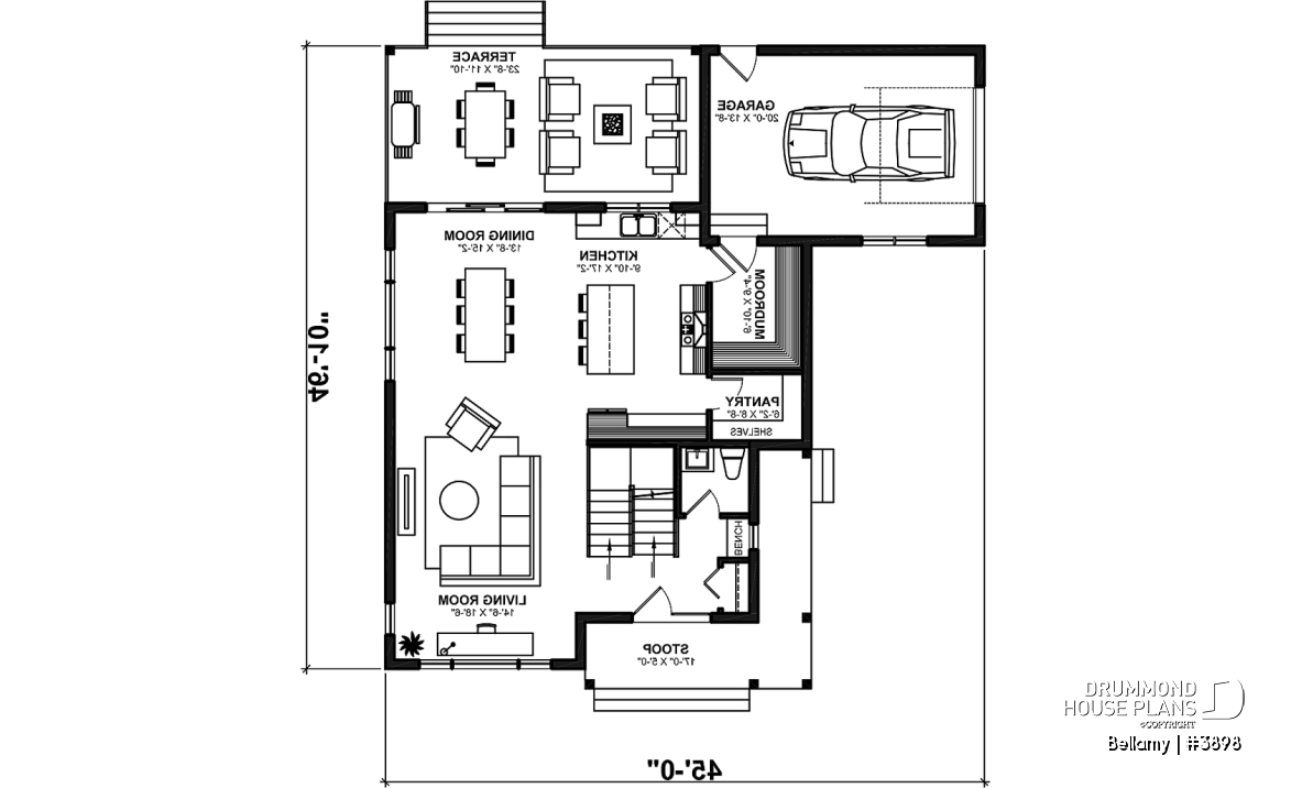1st level - Home for corner lot, 3 beds, 2.5 baths, open floor plan, kitchen with pantry, large sheltered rear terrace - Bellamy