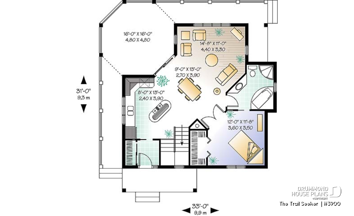 1st level - Affordable small cottage home plan, unfinished walkout (allowing for extra beds), large covered terrace - The Trail Seeker 