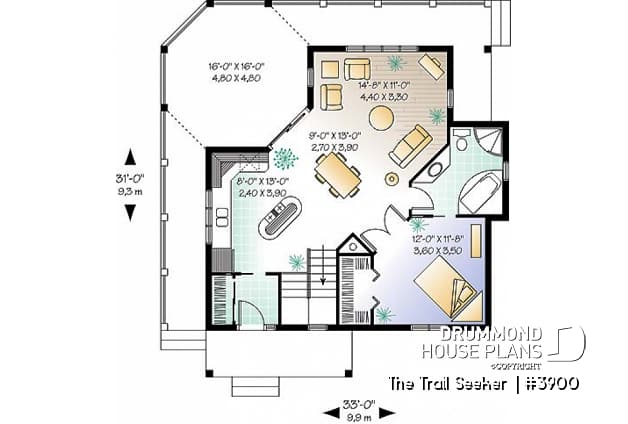 1st level - Affordable small cottage home plan, unfinished walkout (allowing for extra beds), large covered terrace - The Trail Seeker 