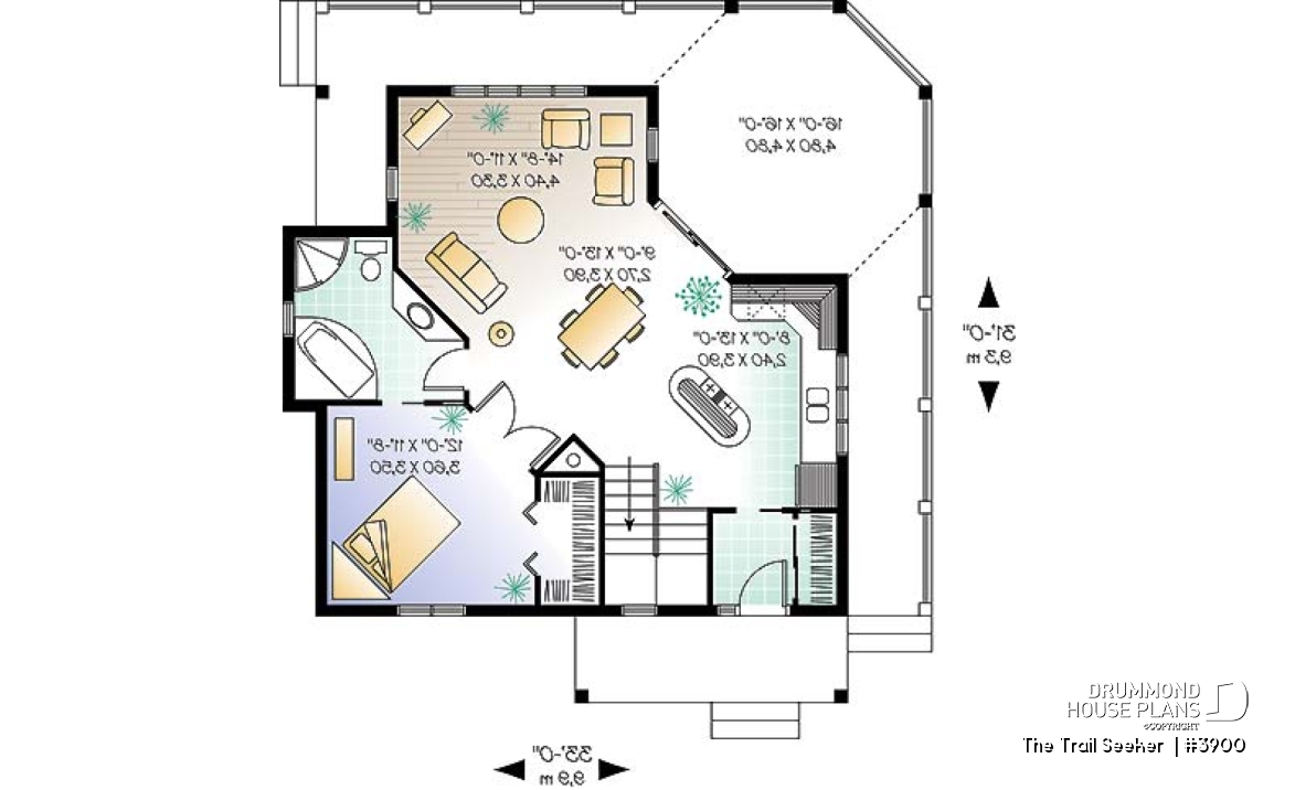 1st level - Affordable small cottage home plan, unfinished walkout (allowing for extra beds), large covered terrace - The Trail Seeker 