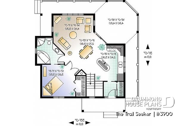 1st level - Affordable small cottage home plan, unfinished walkout (allowing for extra beds), large covered terrace - The Trail Seeker 