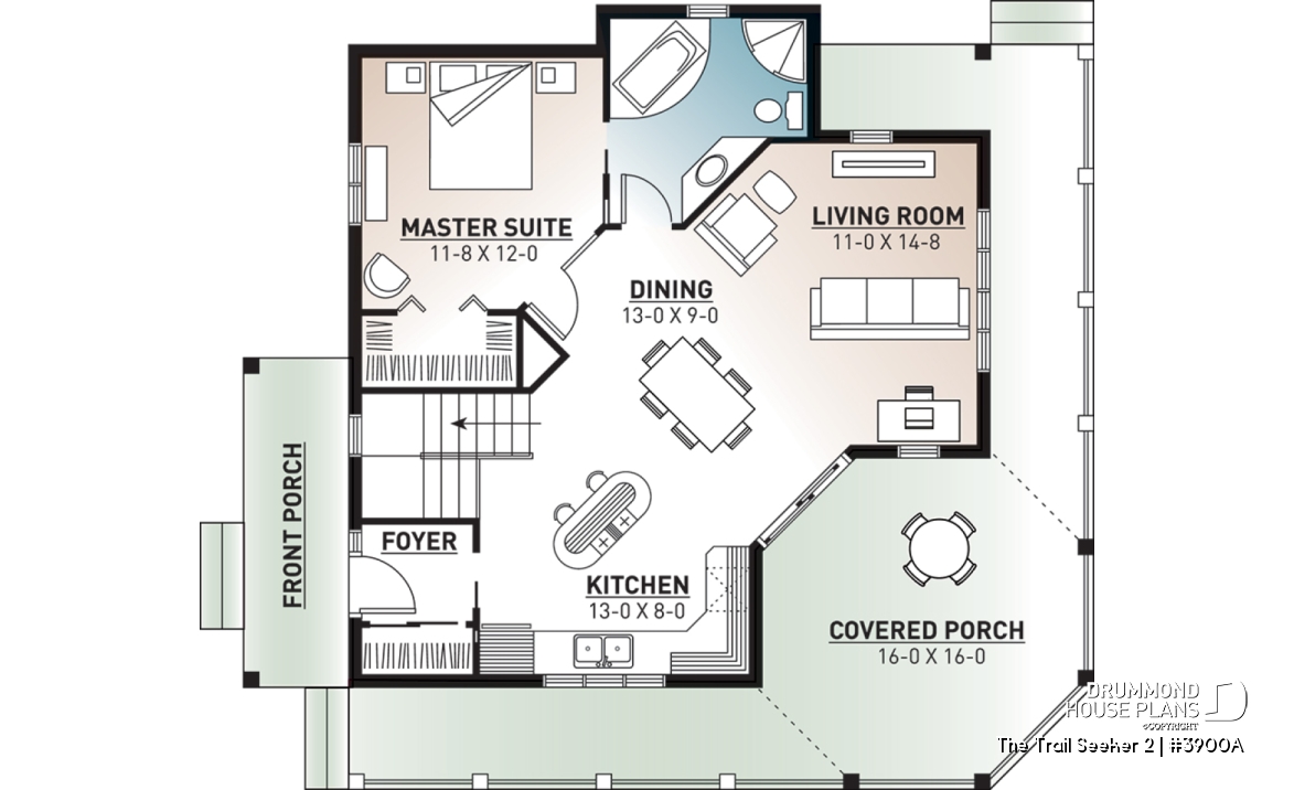 1st level - Wraparound porch, waterfront cottage house plan, master bedroom on main floor, open layout, walkout basement - The Trail Seeker 2