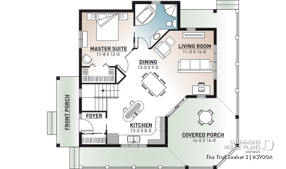 1st level - Wraparound porch, waterfront cottage house plan, master bedroom on main floor, open layout, walkout basement - The Trail Seeker 2